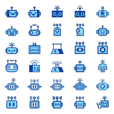 Robot simge seti karikatür. Elektromekanik karikatür makine, yalıtılmış vektör çizim.  