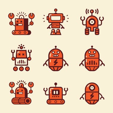 Robot simge seti karikatür. Elektromekanik karikatür makine, yalıtılmış vektör çizim.  