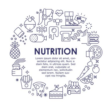 Sport and fitness, food icons arranged in a cirle. Thin line flat design, isolated vector clipart. vector