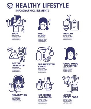 Sport and healthy lifestyle infographics elements for advertising, banner or poster with different sport and fitness, healthy food and training. Bold line flat design, isolated vector clipart. vector