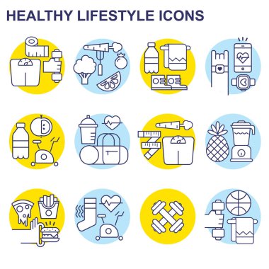 Spor ve sağlıklı yaşam infographics farklı spor ve fitness, bir cirle düzenlenmiş besin öğeleri ile. İnce çizgi düz tasarım, izole vektörel clipart.