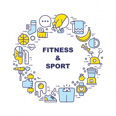 Sport and fitness, food icons arranged in a cirle. Thin line flat design, isolated vector clipart. vector