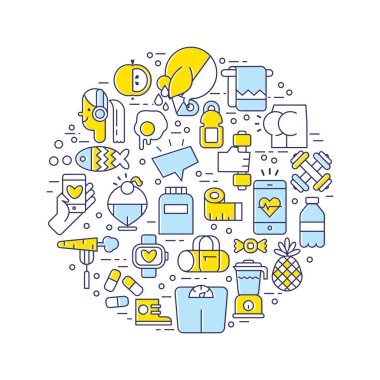 Spor ve fitness, bir cirle gıda simgeler. İnce çizgi düz tasarım, izole vektörel clipart.