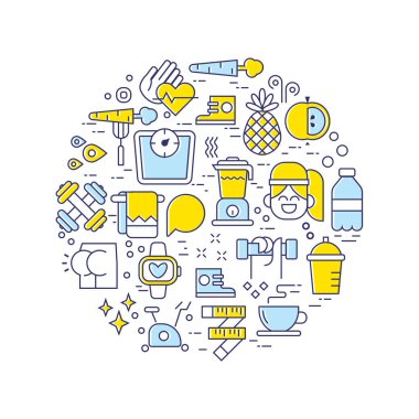 Sport and fitness, food icons arranged in a cirle. Thin line flat design, isolated vector clipart. vector