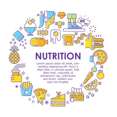 Vector design for advertising, banner or poster with different sport and fitness, food elements arranged in a cirle. Thin line flat design, isolated vector clipart. vector