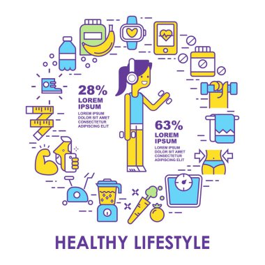 Tasarım için reklam, başlık sayfası veya poster farklı spor ve fitness, besin öğeleri bir cirle düzenlenmiş vektör. İnce çizgi düz tasarım, izole vektörel clipart.