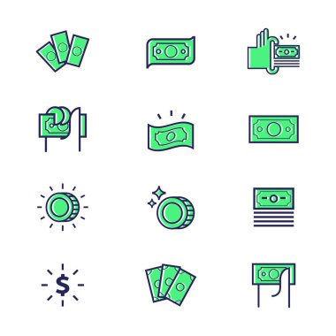 Vektör üzerinde beyaz izole para hattı simgeler kümesi. Vektör çizim