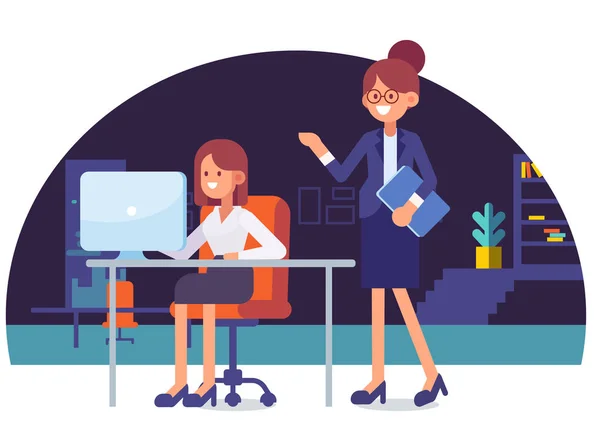 オフィスで働きます 女性の上司と女性事務員 漫画のスタイル フラットのベクトル図 — ストックベクタ
