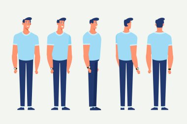 Animasyon için genç adam. Ön, yan, geri, 3/4 görünüm karakter. Vücudun farklı bölgelerinde. Karikatür tarzı, düz vektör çizim.