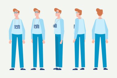 Ön, yan, arkadan görünüm animasyon karakter. Erkek fotoğrafçı karakter yaratma çeşitli görüş ve hareketleri ile ayarla. Karikatür tarzı, düz vektör çizim.
