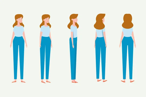 Mujer Joven Para Animación Vista Frontal Lateral Trasera — Archivo Imágenes Vectoriales