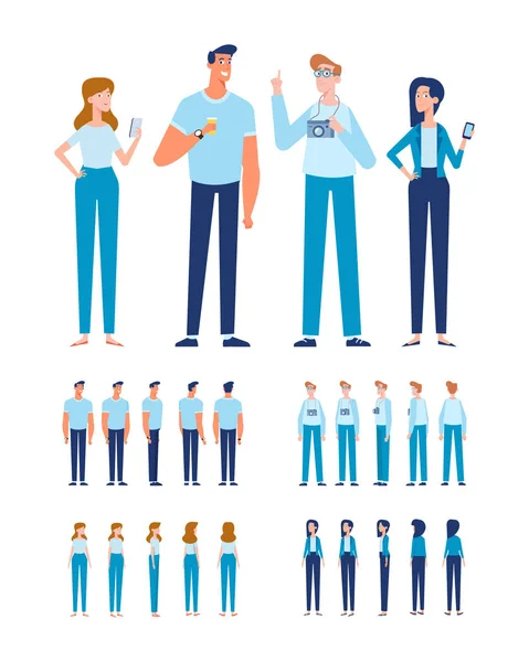 Group Young People Vector Set Front Side Back View Characters — Stock Vector