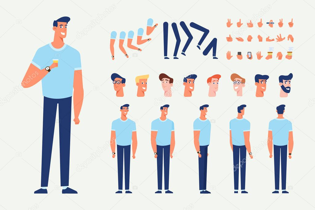 Young man for animation. Front, side, back, 3/4 view character. Character creation set with various views, hairstyles, and gestures. Cartoon style, flat vector illustration.Cartoon style, flat vector illustration.