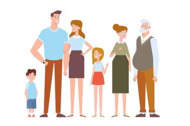 Aile karakterler - anne, baba, çocuk, büyükbaba, büyükanne. Düz vektör çizim üzerinde beyaz izole. 