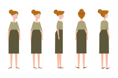Animasyon için yaşlı kadın. Ön, yan, arka, 3/4 görünümü. Vücudun farklı bölgelerinde. Karikatür tarzı, düz vektör çizim.