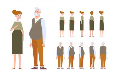 Ön, yan, arka profili animasyon karakter. Yaşlı çift ile çeşitli görünümleri grubu oluşturma. Karikatür tarzı, düz vektör çizim. 