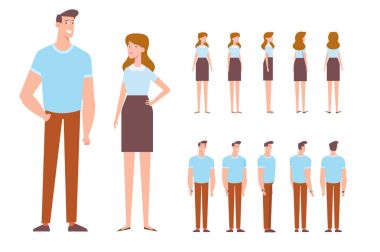 Erkek ve kadın. Ön, yan, geri, 3/4 profili karakter. Karikatür tarzı, düz vektör çizim.