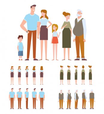 Aile karakter oluşturma ayarla - anne, baba, çocuk, büyükbaba, büyükanne. Ön, yan, arka profili animasyon karakter. Düz vektör çizim. 