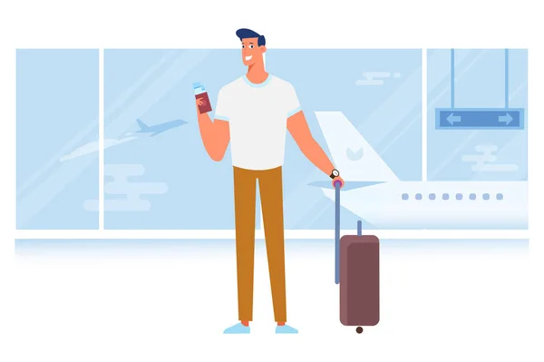 デザインを旅する人々 男持株パスポートを空港での休暇旅行の準備ができての笑みを浮かべてください フラットのベクター イラストです キャラクター デザイン — ストックベクタ