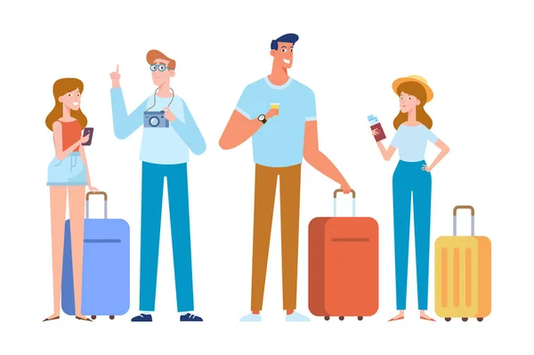 People traveling design. Friends travel together. Smiling woman holding passport ready for vacation travel at the airport. Flat Vector illustration. Character design.
