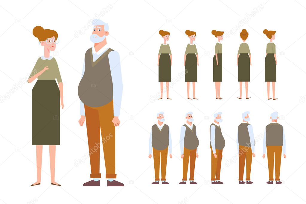 Front, side, back view animated characters. Elderly couple creation set with various views. Cartoon style, flat vector illustration. 