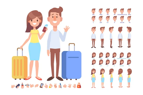 男と旅行の準備空港で荷物を持つ女性 フロント サイド バック 表示文字 さまざまなビュー 顔の感情を持つコンス トラクターのリップシンクします 漫画のスタイル フラットのベクトル図 — ストックベクタ