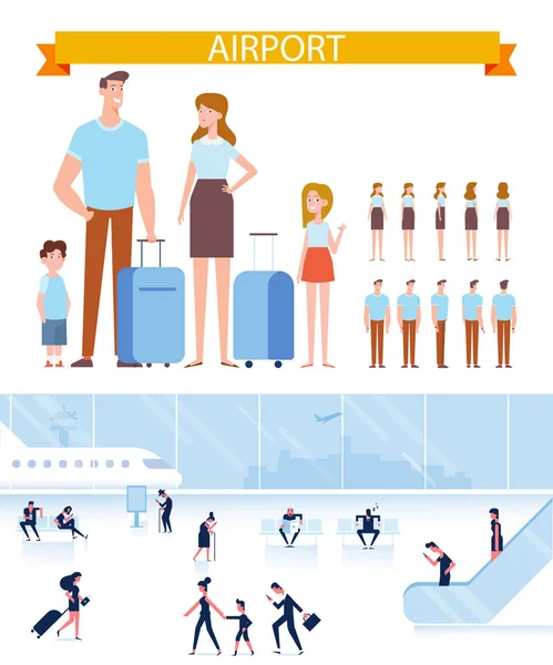 Gente Viajando Diseño Familia Feliz Con Equipaje Aeropuerto Listo Para — Archivo Imágenes Vectoriales