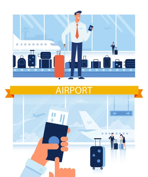 Hombre Sonriente Con Pasaporte Listo Para Viajar Vacaciones Aeropuerto Cinta — Vector de stock