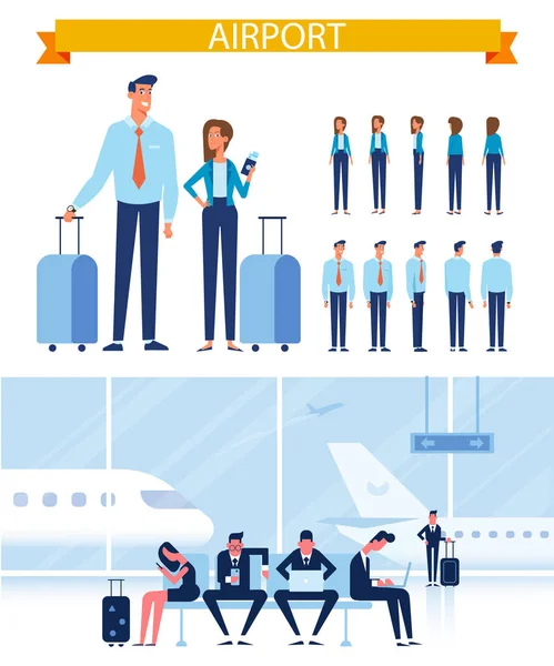 Homme Femme Affaires Avec Bagages Aéroport Prêts Pour Voyage Avant — Image vectorielle