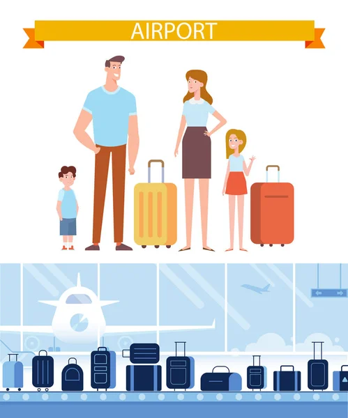 デザインを旅する人々 旅行の準備空港で荷物と幸せな家庭 空港ホールでコンベア ベルト フラットのベクトルの背景 — ストックベクタ