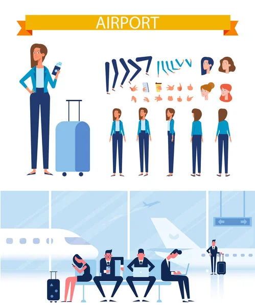 Flat Vector Business Woman Ticket Luggage Airport Ready Trip Front — Stock Vector
