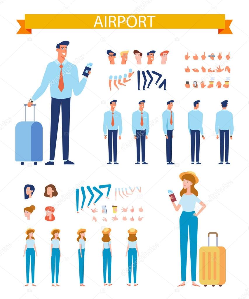 Man and woman travelers with luggage. Front, side, back, 3/4 view characters. Constructor with various views, haistyles, gestures and poses. Cartoon style, flat vector illustration.