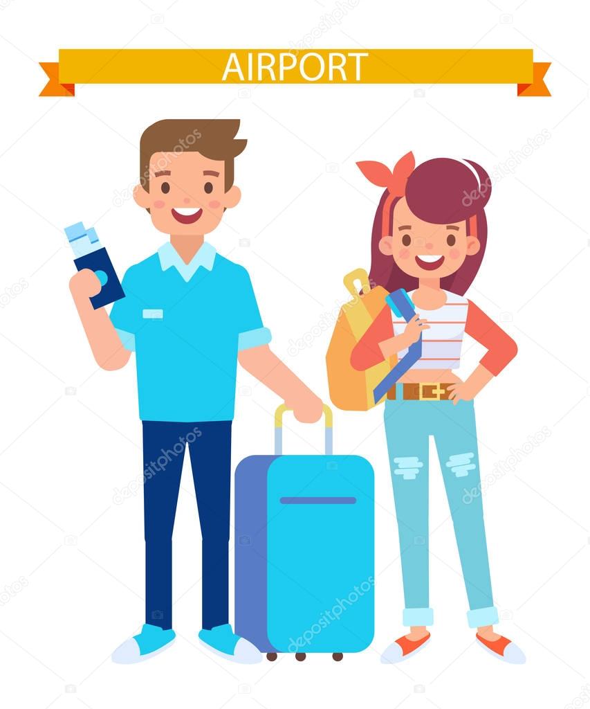 Young couple travel together. Guy and girl with luggage ready for trip. Cartoon style characters, flat vector illustration.