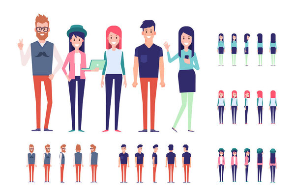 Большой векторный набор молодых мужчин и женщин. Front, side, back, 3 / 4 view animated characters. Современные городские граждане. Плоская векторная иллюстрация на белом фоне
. 
