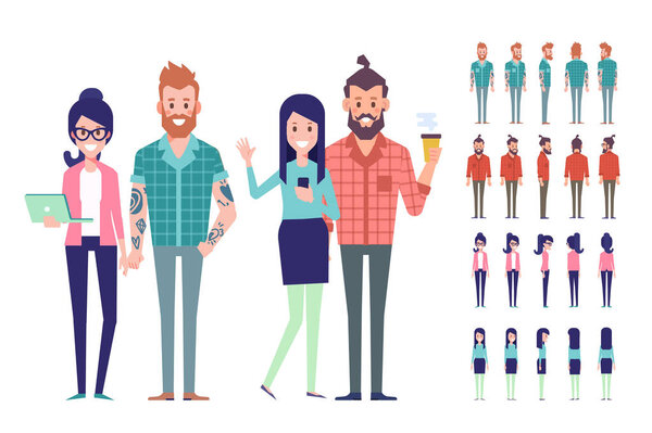 Большой векторный набор молодых мужчин и женщин. Front, side, back, 3 / 4 view animated characters. Современные городские граждане. Плоская векторная иллюстрация на белом фоне
. 