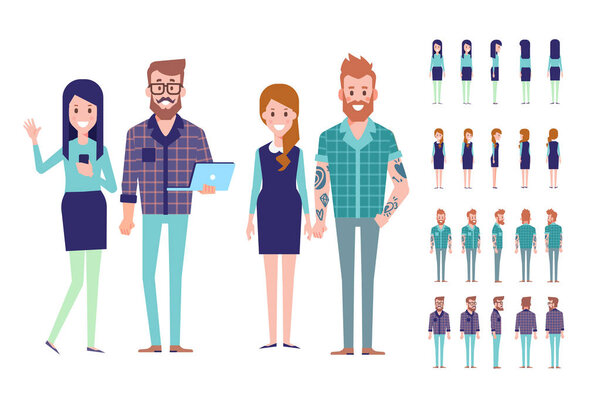 Большой векторный набор молодых мужчин и женщин. Front, side, back, 3 / 4 view animated characters. Современные городские граждане. Плоская векторная иллюстрация на белом фоне
. 