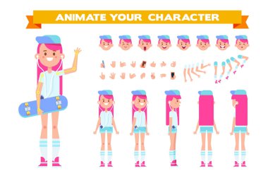Genç kız rahat kıyafetler içinde kaykay ile. Ön, yan, geri, 3/4 görünüm animasyon karakter. Karakter Oluşturucu ile farklı görünümler, hareketleri, yüz duygular. Ayrı vücut parçaları. 