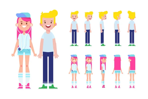 Frente Lado Visão Traseira Personagens Animados Menino Menina Adolescentes Desenhos — Vetor de Stock