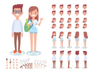 Ön, yan, arkadan görünüm animasyon karakter. Kız ve erkek arkadaş çeşitli görüş ve yüz duygular ile grubu oluşturma. Karikatür tarzı, düz vektör çizim.