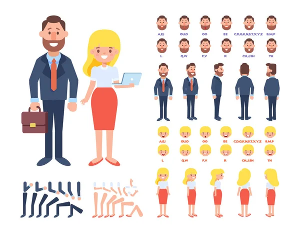 Frente Lado Vista Trasera Personaje Animado Mujer Negocios Creación Personajes — Vector de stock