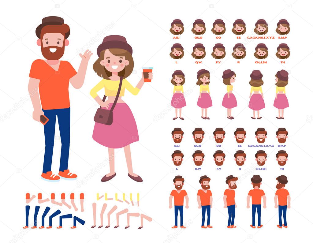 Front, side, back, 3/4 view characters. Hipster young guy and girl creation set with various views, lip sync, poses. Cartoon style, flat vector illustration.