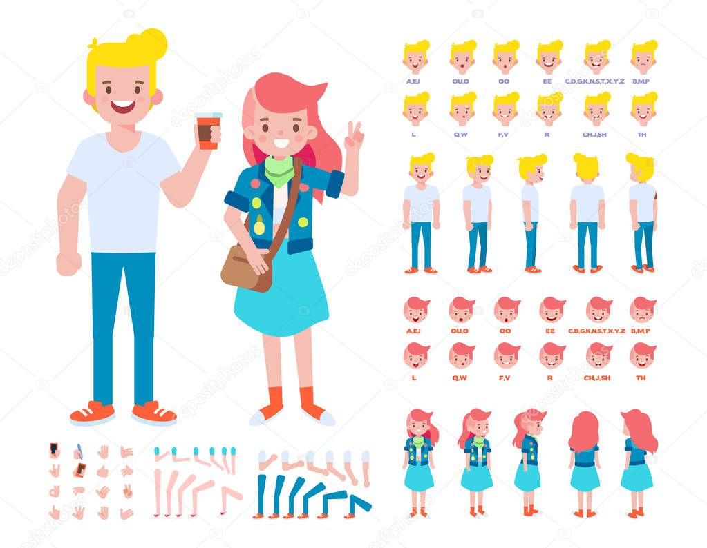 Front, side, back, 3/4 view animated characters. Boy and girl characters creation set with various views, lip sync, poses. Cartoon style, flat vector illustration.