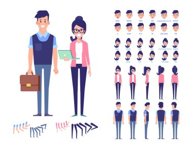 Düz vektör karakter animasyon için ayarlayın. İş adamları - erkek ve kadın. Ön, yan, arkadan görünüm animasyonlu karakterler.