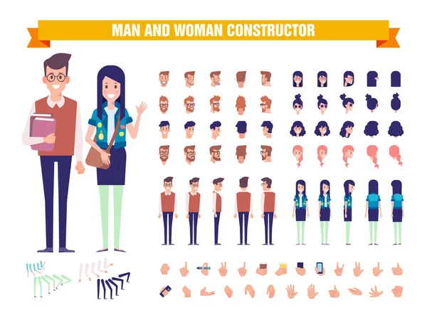 年轻人和女孩学生字符构造器以各种各样的看法 姿势和手势 后视图 卡通风格 平面矢量插图 — 图库矢量图片