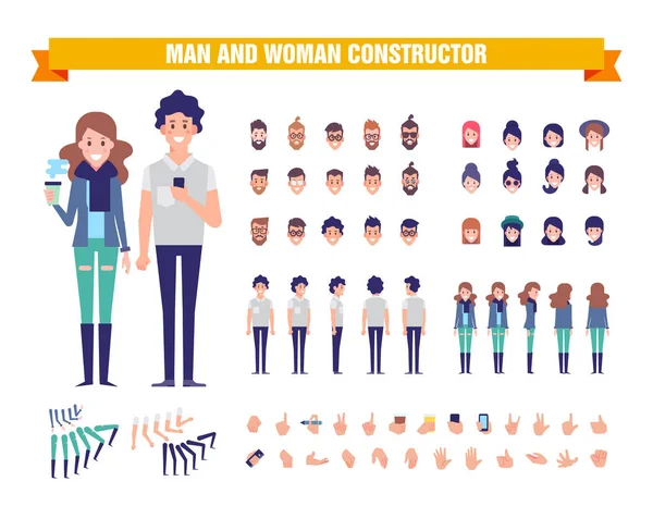 Young Man Woman Character Constructor Various Views Hairstyles Poses Gestures — Stock Vector