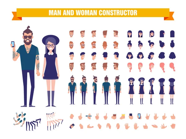 Young Man Woman Character Constructor Various Views Hairstyles Poses Gestures — Stock Vector