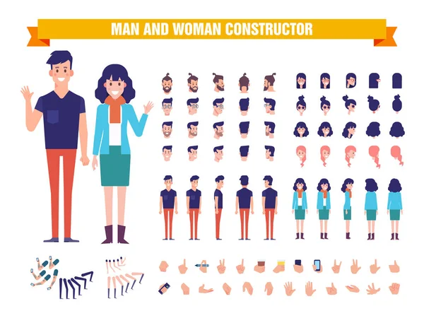 年轻人和女孩字符构造器以各种各样的看法 姿势和手势 后视图 卡通风格 平面矢量插图 — 图库矢量图片
