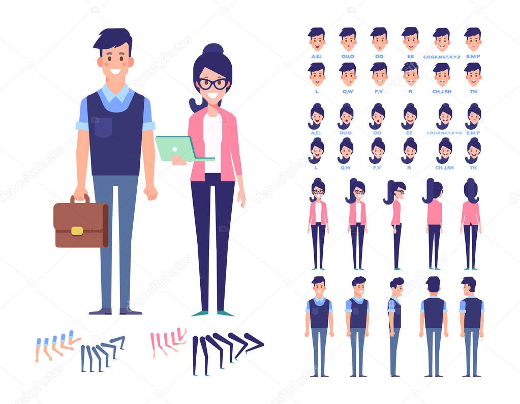 Flat Vector character set for animation. Business people - man and woman. Front, side, back view animated characters.