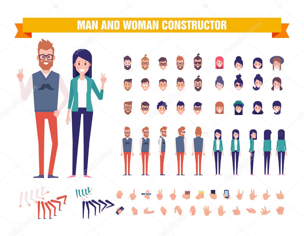 Young guy and girl character constructor with various views, hairstyles, poses and gestures. Front, side, back view. Cartoon style, flat vector illustration. 