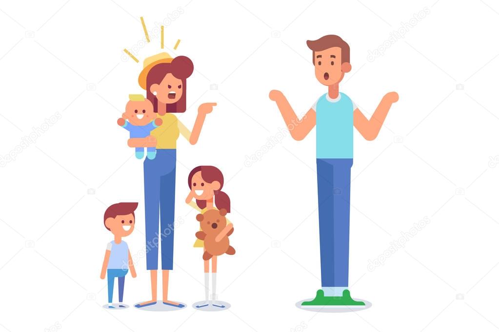 Wife and husband quarrel and make a loud public scandal. Unhappy family. Vector flat cartoon illustration.